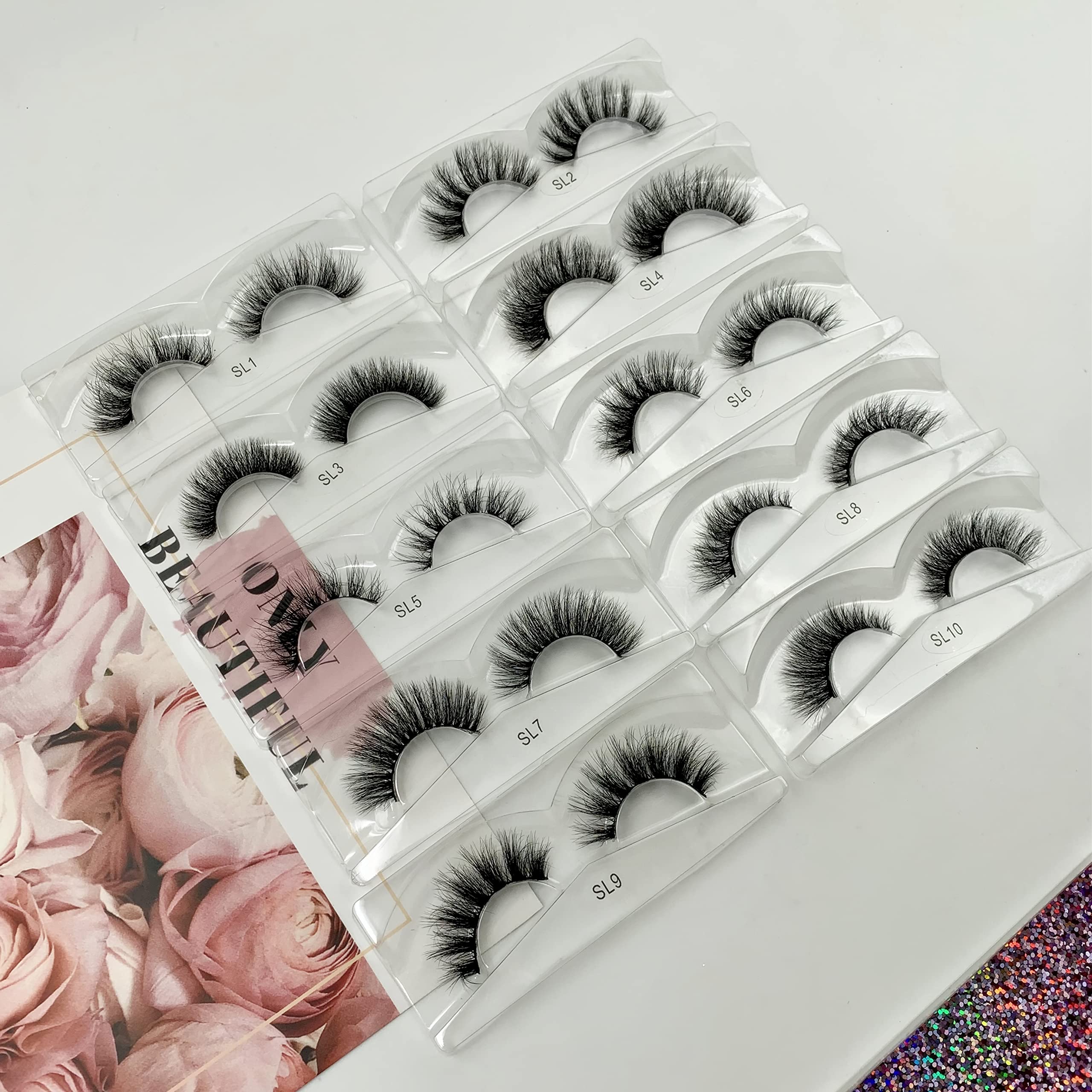 Ellazzle 10 Pairs Faux Mink Eyelashes Wholesale Lashes Pack, Lashes Natural Look 16mm-20mm False Eyelashes Pink