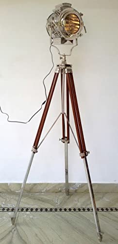 Maritime Nautical Studio Chrome Floor Lamp Searchlight Wooden Tripod Spotlight Floor Lamp For Decorative By , Brown & Silver, 45 Inch