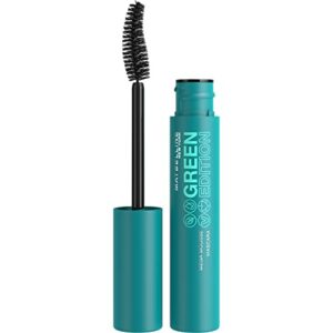 maybelline green edition mega mousse mascara makeup, smooth buildable and lightweight volume, formulated with shea butter, blackest black, 1 count