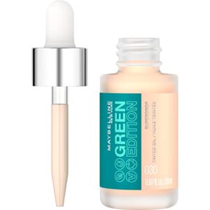 maybelline green edition superdrop tinted oil base makeup, adjustable natural coverage foundation formulated with jojoba & marula oil, 30, 1 count