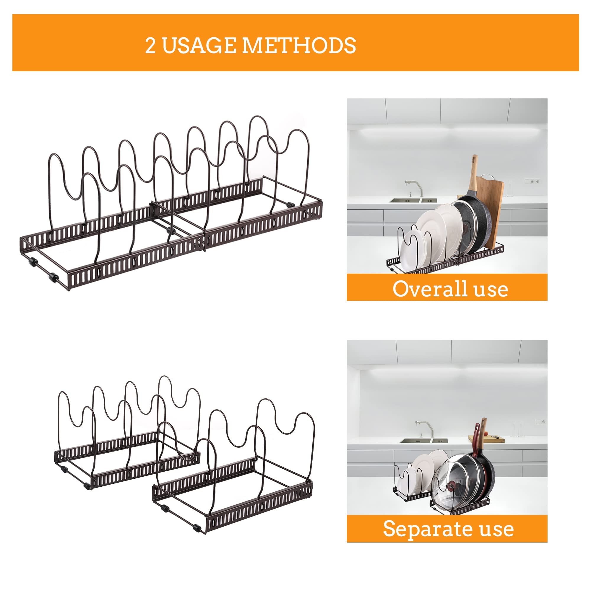 HAYAN Pot Rack Organizer Expandable Pan Holder for Cabinet, Adjustable Dividers, Pot Lid Organizer for Kitchen Counter and Cabinet (7 Compartments)