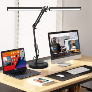 2-in-1 led double head desk lamps for home office, 24w brightest workbench light, architect lamp with clamp & base, 3 colors 10 dimming swing arm lamp for reading/study/computer light