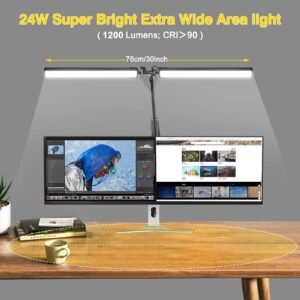 2-in-1 LED Double Head Desk Lamps for Home Office, 24W Brightest Workbench Light, Architect Lamp with Clamp & Base, 3 Colors 10 Dimming Swing Arm Lamp for Reading/Study/Computer Light