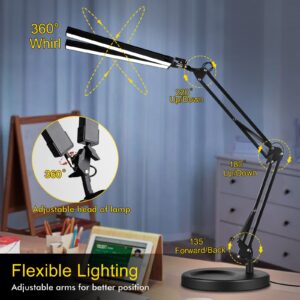 2-in-1 LED Double Head Desk Lamps for Home Office, 24W Brightest Workbench Light, Architect Lamp with Clamp & Base, 3 Colors 10 Dimming Swing Arm Lamp for Reading/Study/Computer Light