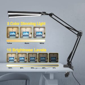 2-in-1 LED Double Head Desk Lamps for Home Office, 24W Brightest Workbench Light, Architect Lamp with Clamp & Base, 3 Colors 10 Dimming Swing Arm Lamp for Reading/Study/Computer Light