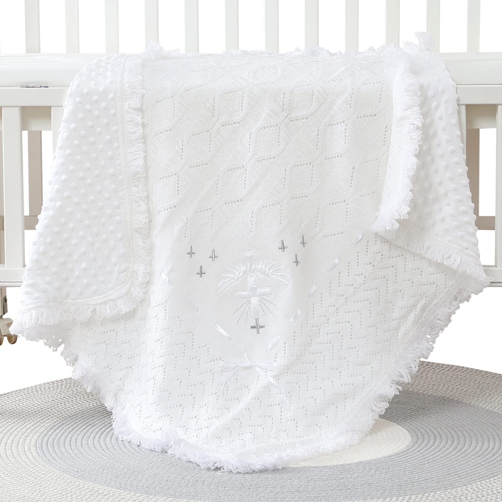 Booulfi Baby Christening Blanket Newborn Unisex Baptism White Baby Blanket Shawl Knitted Baptism Blankets for Babies