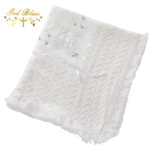 Booulfi Baby Christening Blanket Newborn Unisex Baptism White Baby Blanket Shawl Knitted Baptism Blankets for Babies