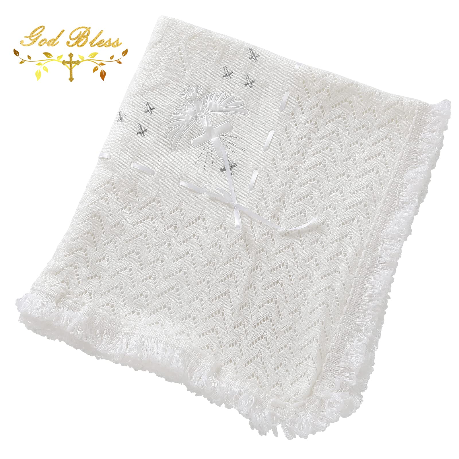 Booulfi Baby Christening Blanket Newborn Unisex Baptism White Baby Blanket Shawl Knitted Baptism Blankets for Babies