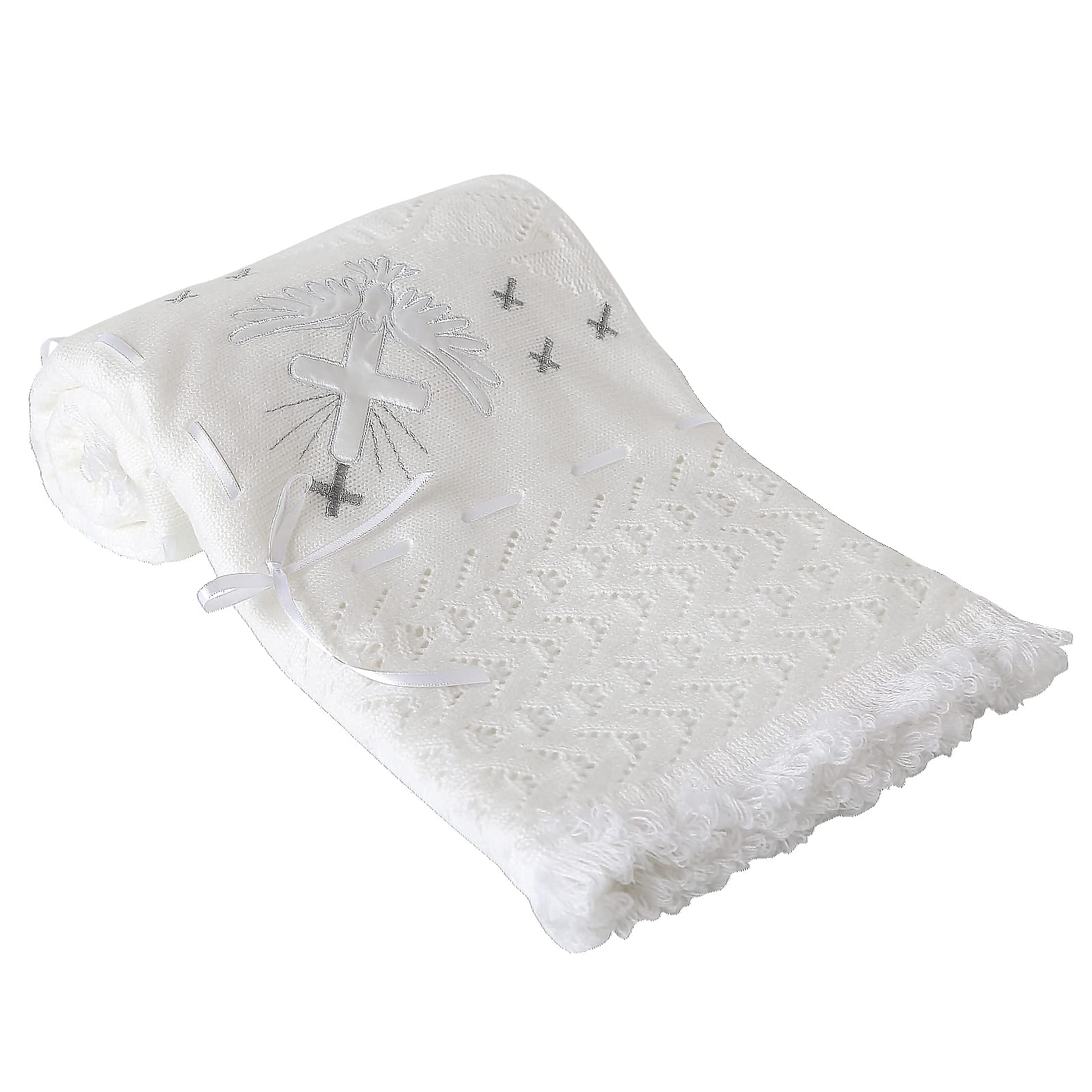 Booulfi Baby Christening Blanket Newborn Unisex Baptism White Baby Blanket Shawl Knitted Baptism Blankets for Babies