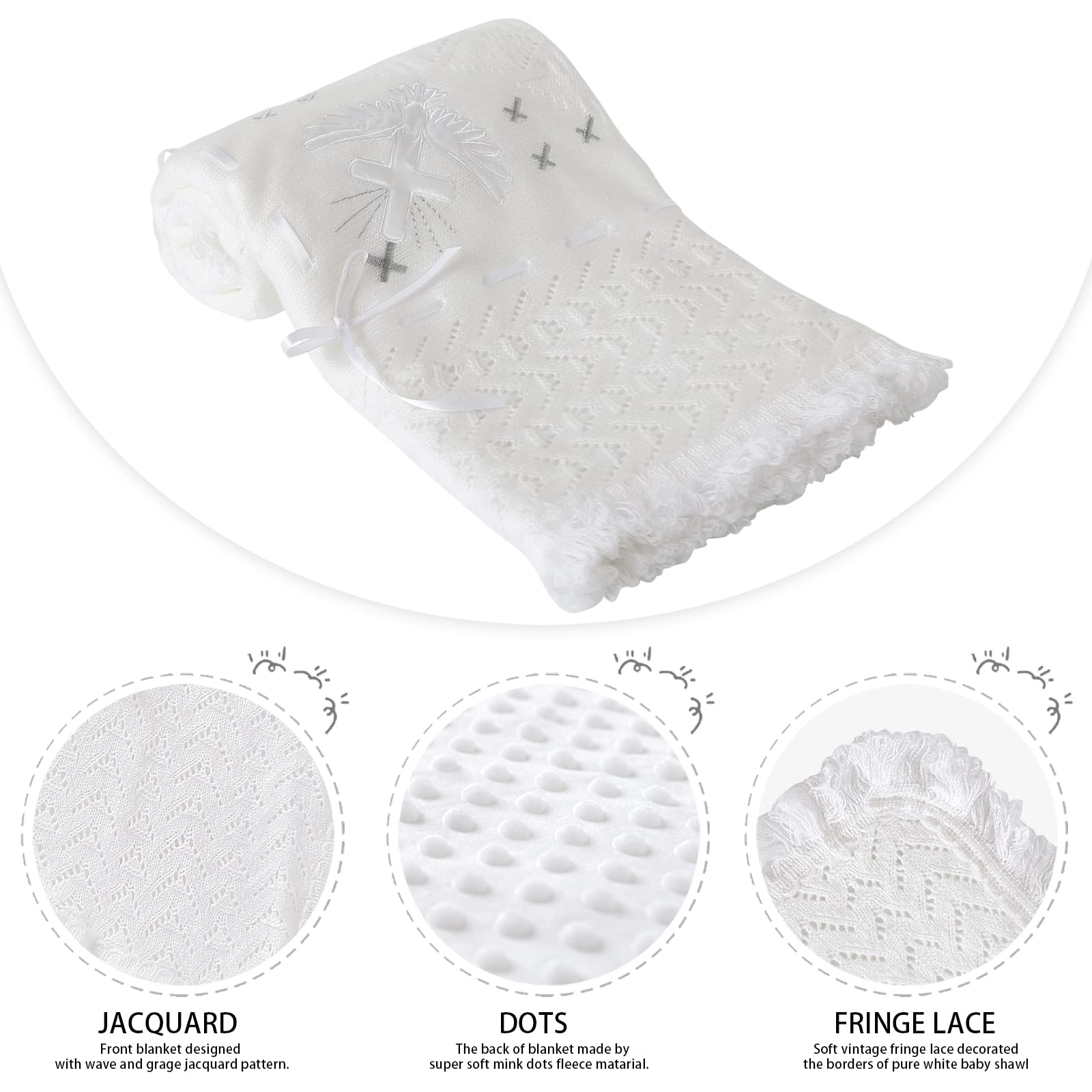 Booulfi Baby Christening Blanket Newborn Unisex Baptism White Baby Blanket Shawl Knitted Baptism Blankets for Babies