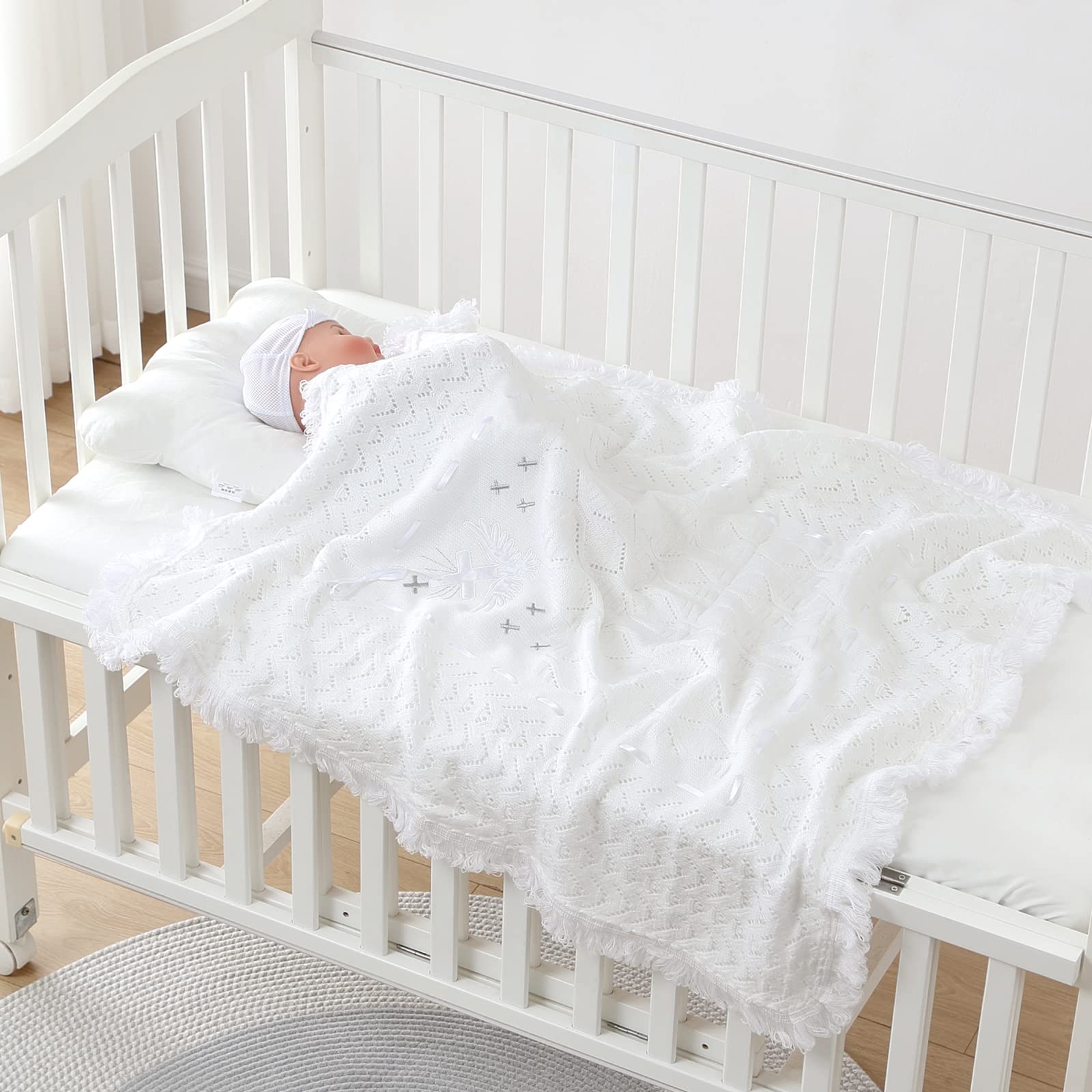 Booulfi Baby Christening Blanket Newborn Unisex Baptism White Baby Blanket Shawl Knitted Baptism Blankets for Babies