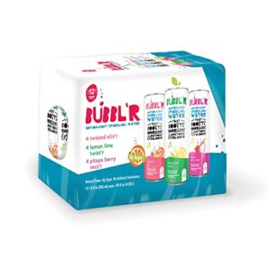 bubbl'r sparkling water, 3 flavors with natural caffeine, antioxidants, 0 sugar - 12 fl oz cans, 12 count