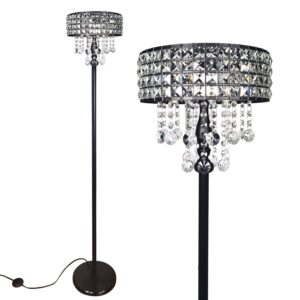 beaysyty modern k9 clear glass crystals floor lamp with 3 led bulbs, crystal & glass 3-lights black standing light, reading corner lamp for living room bedroom