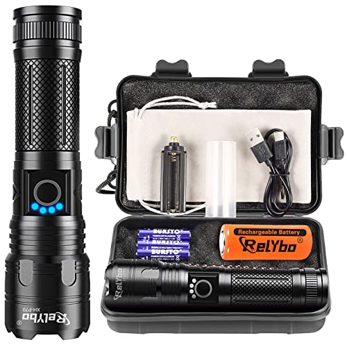 Relybo Flashlights High Lumens Rechargeable, LED Flashlight Super Bright 250000 Lumens XHP70.2, High Power Tactical Flashlight Powerful, Handheld Flash Light for Camping, Hiking, Emergency