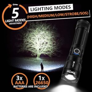 Relybo Flashlights High Lumens Rechargeable, LED Flashlight Super Bright 250000 Lumens XHP70.2, High Power Tactical Flashlight Powerful, Handheld Flash Light for Camping, Hiking, Emergency