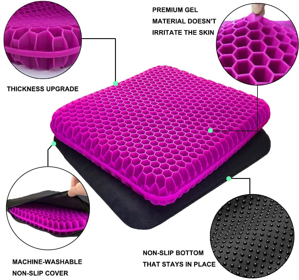 Gel Seat Cushion, Office Seat Cushion Chair Pads for Office Home Car Wheelchair Long Trips - Extra Thick Gel Cushion for Pressure Sores, Tailbone, Back, Sciatica Pain Relief (Extra Thick, Violet)