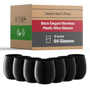 smarty had a party plastic wine tumbler, wine glasses 12 oz stemless wine glass, black glass cups, black glassware for wedding, black drinking glasses, 64 pcs (black cups)