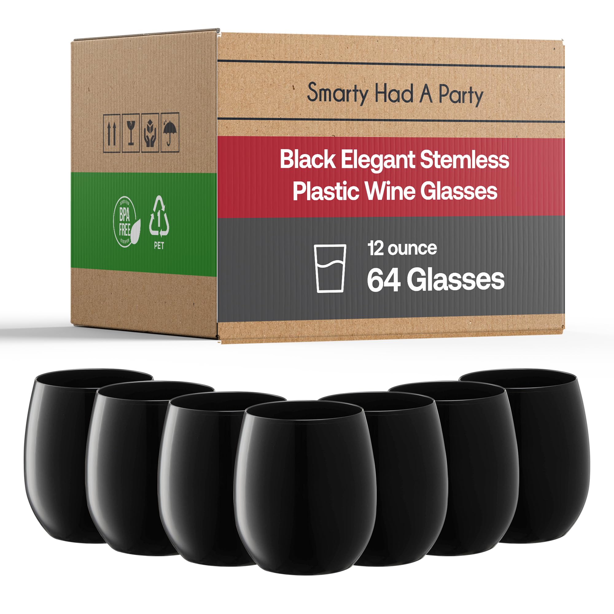 Smarty Had A Party Plastic Wine Tumbler, Wine Glasses 12 oz Stemless Wine Glass, Black Glass Cups, Black Glassware for Wedding, Black Drinking Glasses, 64 pcs (Black Cups)