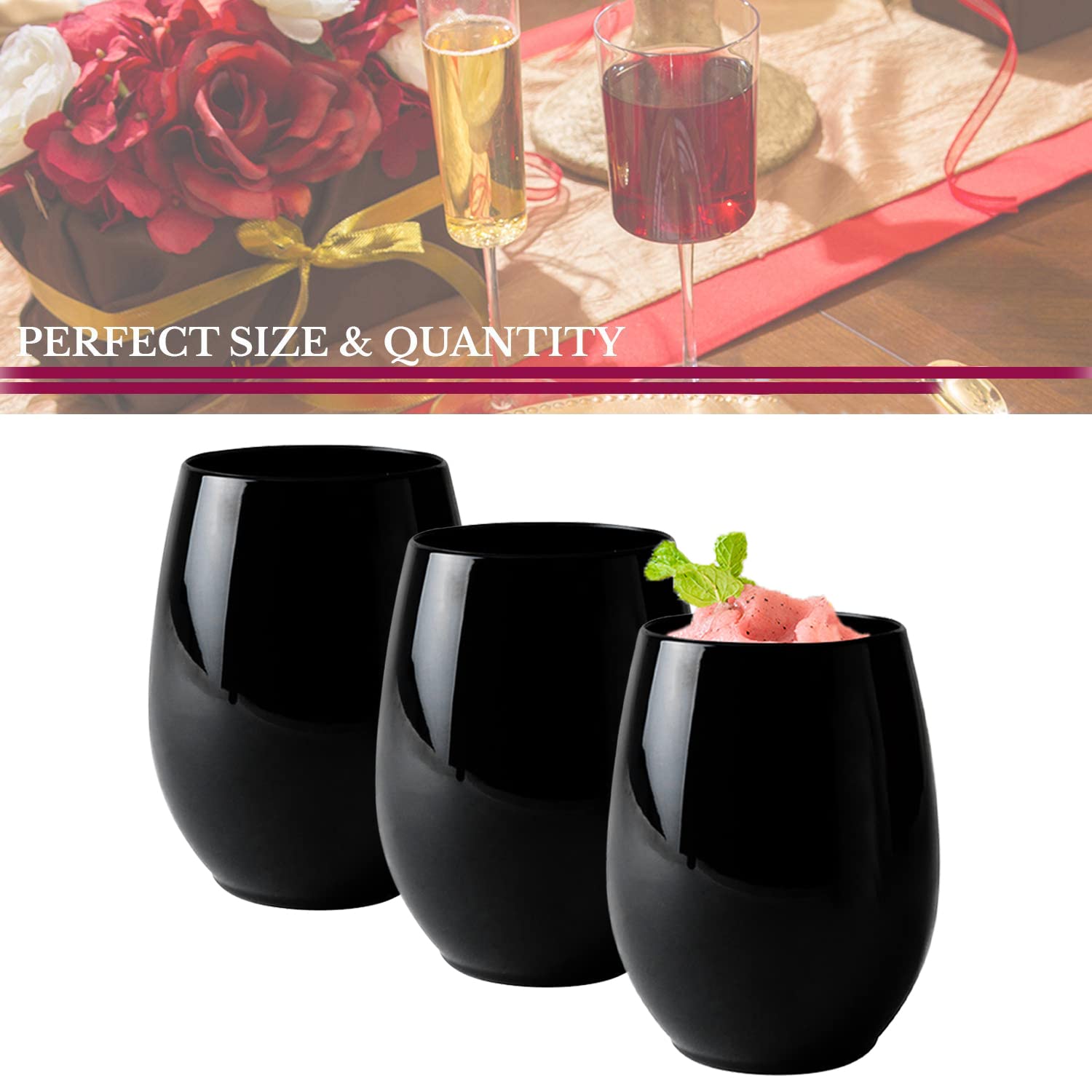 Smarty Had A Party Plastic Wine Tumbler, Wine Glasses 12 oz Stemless Wine Glass, Black Glass Cups, Black Glassware for Wedding, Black Drinking Glasses, 64 pcs (Black Cups)