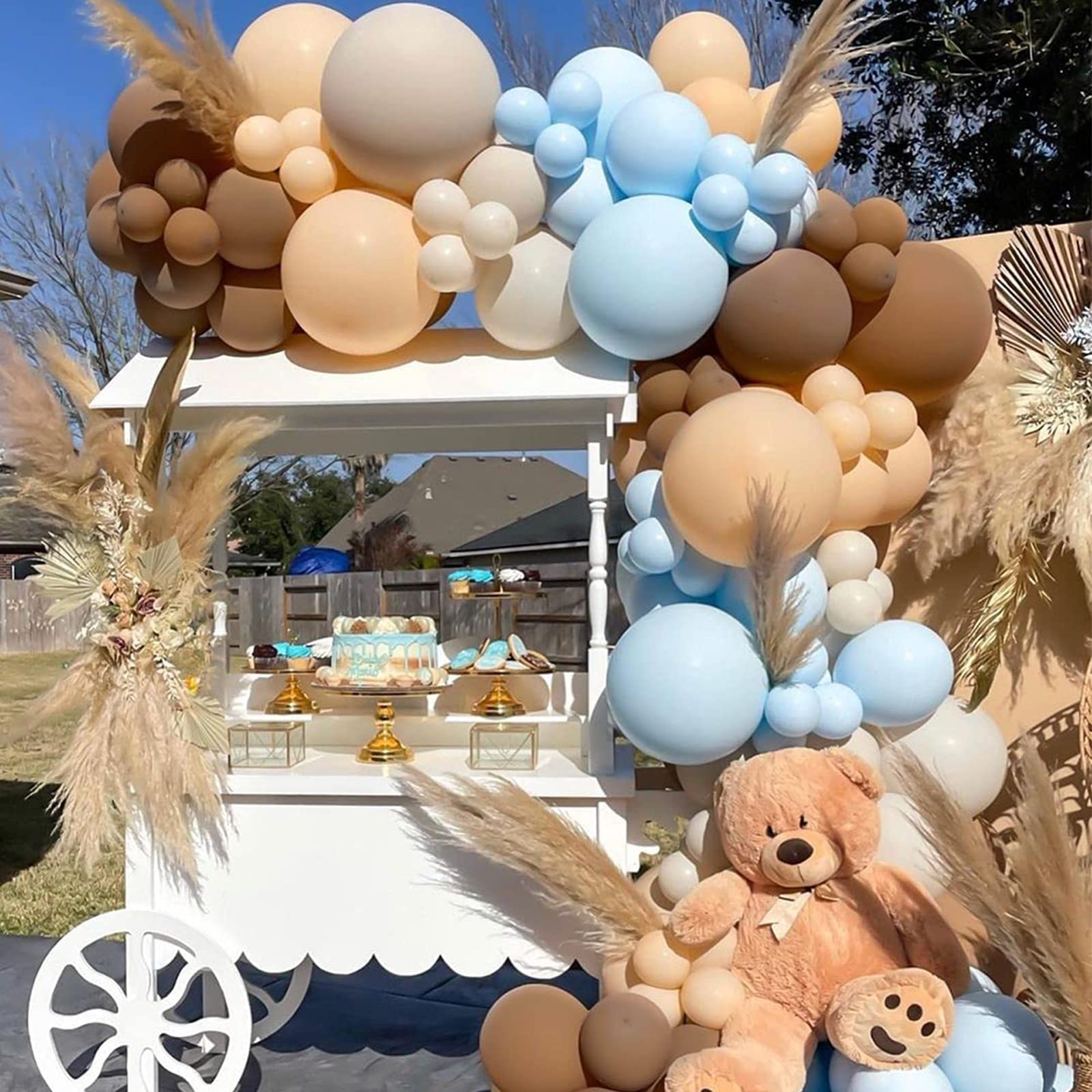 Blue Brown Balloons Teddy Bear Baby Shower Garland Arch Kit Decorations with 147Pcs Blush White Sand Balloon for Jungle Safari Woodland Themed Wild One 1st Birthday Wedding Thanksgiving Boho Party