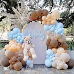 Blue Brown Balloons Teddy Bear Baby Shower Garland Arch Kit Decorations with 147Pcs Blush White Sand Balloon for Jungle Safari Woodland Themed Wild One 1st Birthday Wedding Thanksgiving Boho Party