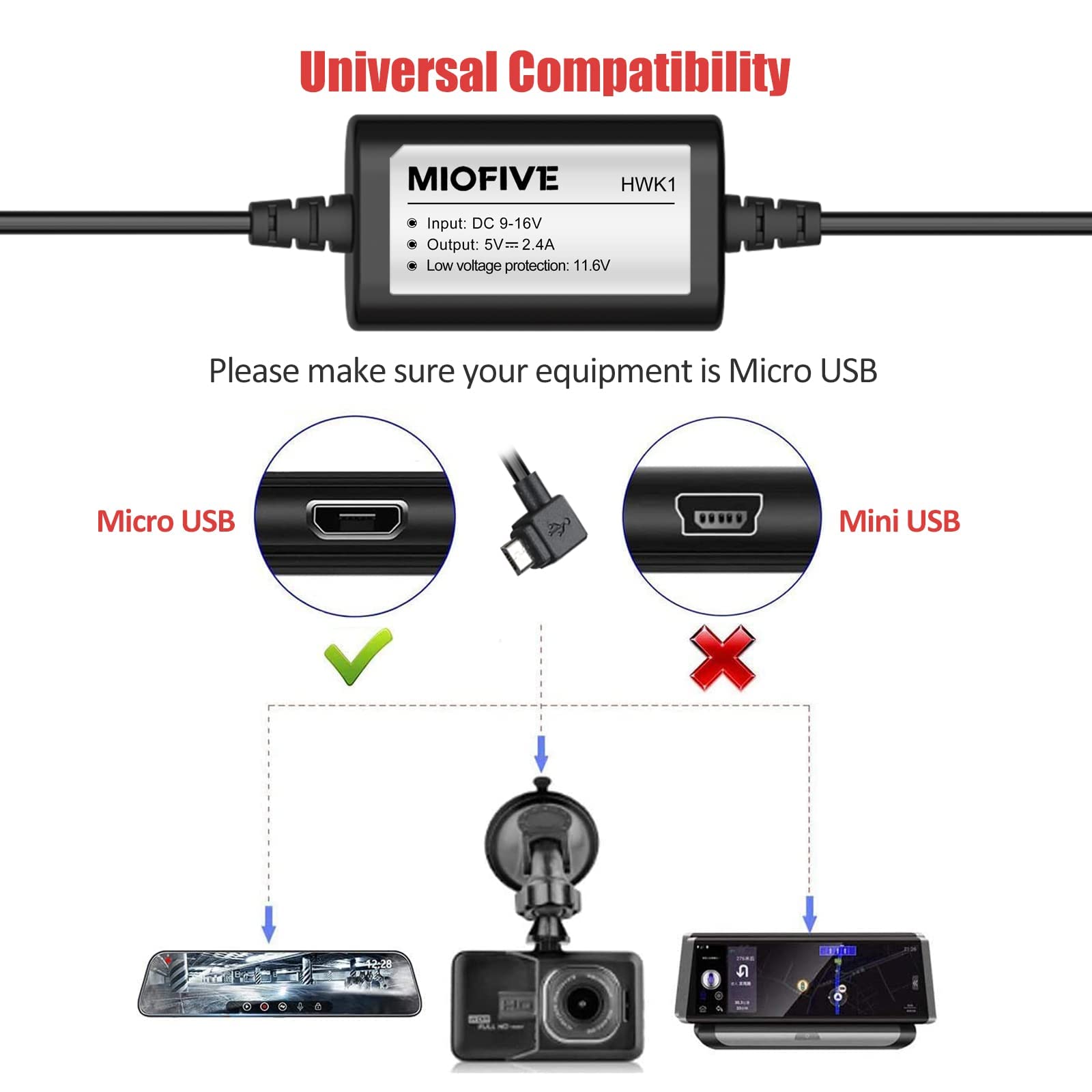 Miofive Dash Cam Hardwire Kit, 11.5ft Micro USB Hard Wire Kit for Dashcam Converts 12V-24V to 5V/2.4A w/Fuse Kit and Installation Tool, Enables Parking Mode, Low Voltage Protection for Dash Cameras