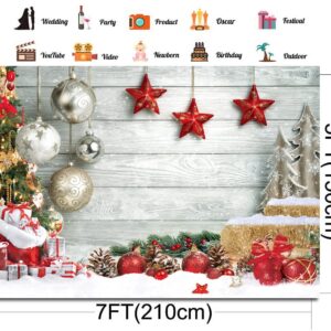 CHAIYA 7X5FT Christmas Backdrop White Wood Floor Photography Backdrop Winter Snow Christmas Balls Xmas Tree Gift Family Party Photo Background New Year Party Decoration Backdrops CY194