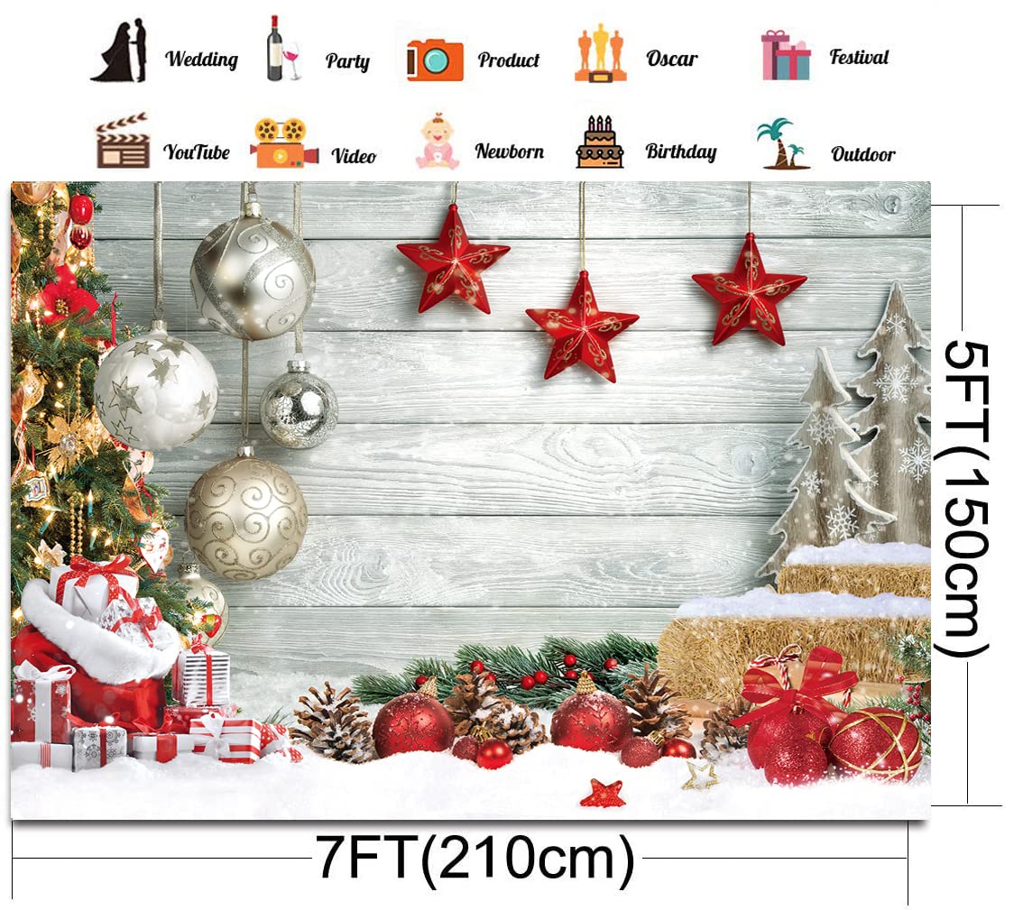 CHAIYA 7X5FT Christmas Backdrop White Wood Floor Photography Backdrop Winter Snow Christmas Balls Xmas Tree Gift Family Party Photo Background New Year Party Decoration Backdrops CY194