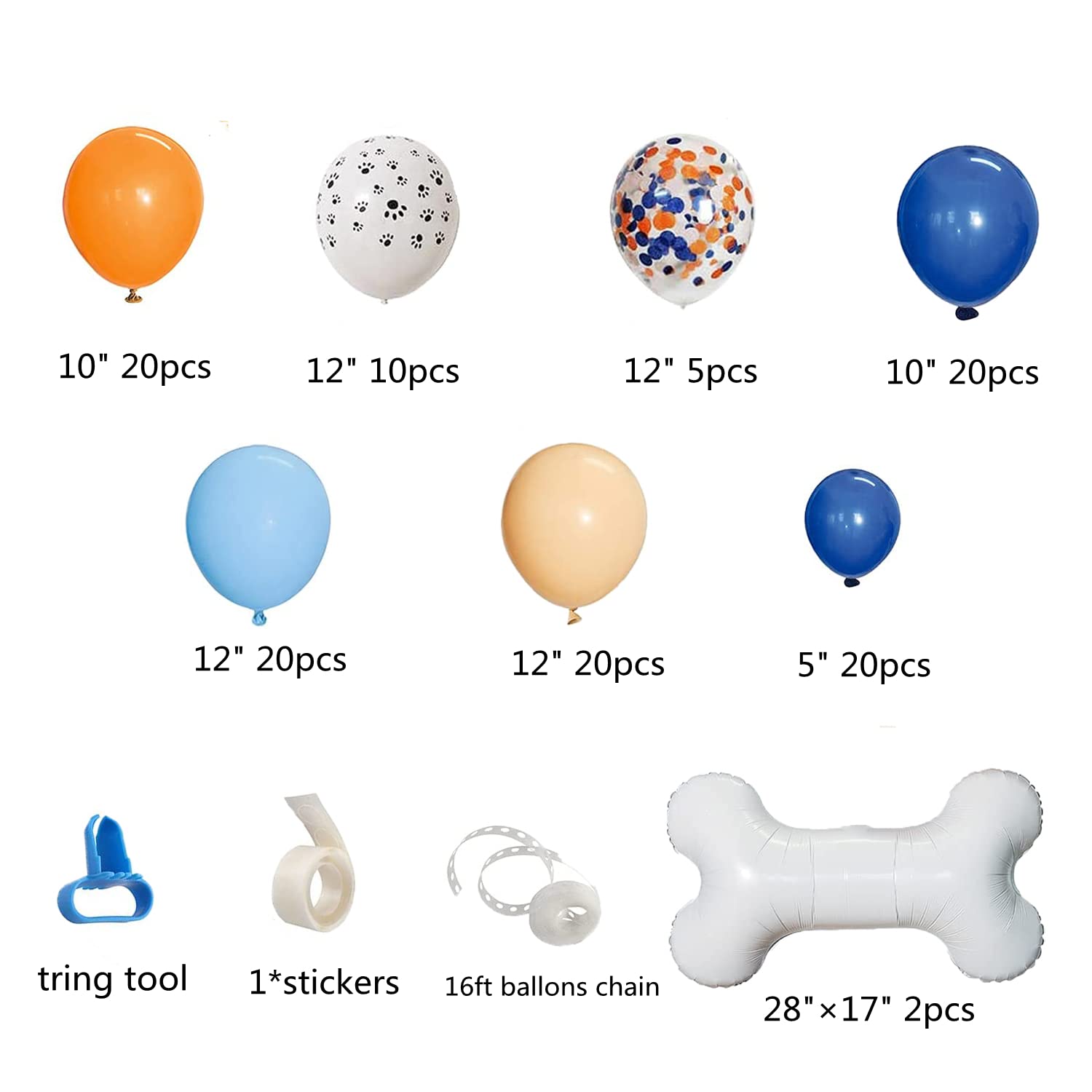 117Pack Theme Party Balloon Garland Kit, Blue and Orange Blush Dog Paw Balloon Arch with Bone Shaped Foil Balloons, Girl Boy Birthday Party Decorations