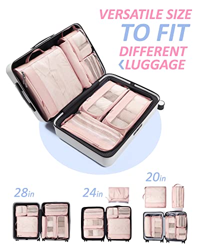 BAGSMART Keep Shape Packing Cubes, 7 Set Packing Cubes for Travel, Lightweight Travel Cubes for Packing, Suitcase Organizer Bags Set for Travel Essentials Baby Pink