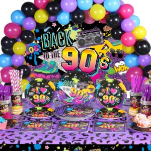 90s Party Decorations 90s Theme Backdrop Latex Balloons Back to The 90's Tablecloth Party Tableware Set 90's Paper Plates Napkins Knife Forks Flatware for Birthday Hip Hop Graffiti Supplies