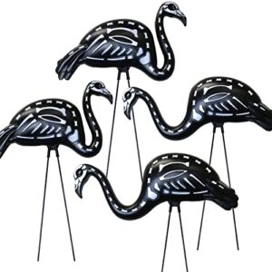 giftexpress 4 pcs halloween black flamingo skeleton, zombie flamingos, skull flamingo with stakes for halloween lawn ornaments, spooky graveyard decorations (4)