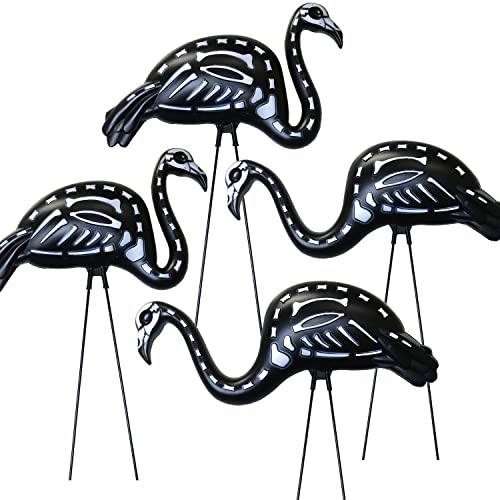 GiftExpress 4 PCS Halloween Black Flamingo Skeleton, Zombie Flamingos, Skull Flamingo with Stakes for Halloween Lawn Ornaments, Spooky Graveyard Decorations (4)