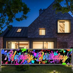 Neon Birthday Banner Decorations Glow in The Dark Backdrop Colorful Graffiti Party Supplies Splash Paint Backdrop Porch Sign Black Light Hanging Banner for Yard Outside Garden Party 70.8 x 15.7 Inches