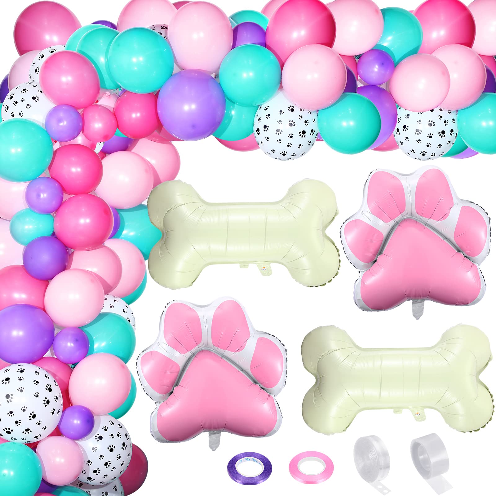 164 Pcs Paw Printed Balloon Garland Kit, Dog Paw Balloons Colorful Latex Balloons with Dog Paw Bone Shaped Aluminum Foil Balloons for Boy Girl Birthday Party Decorations (Fresh Colors)