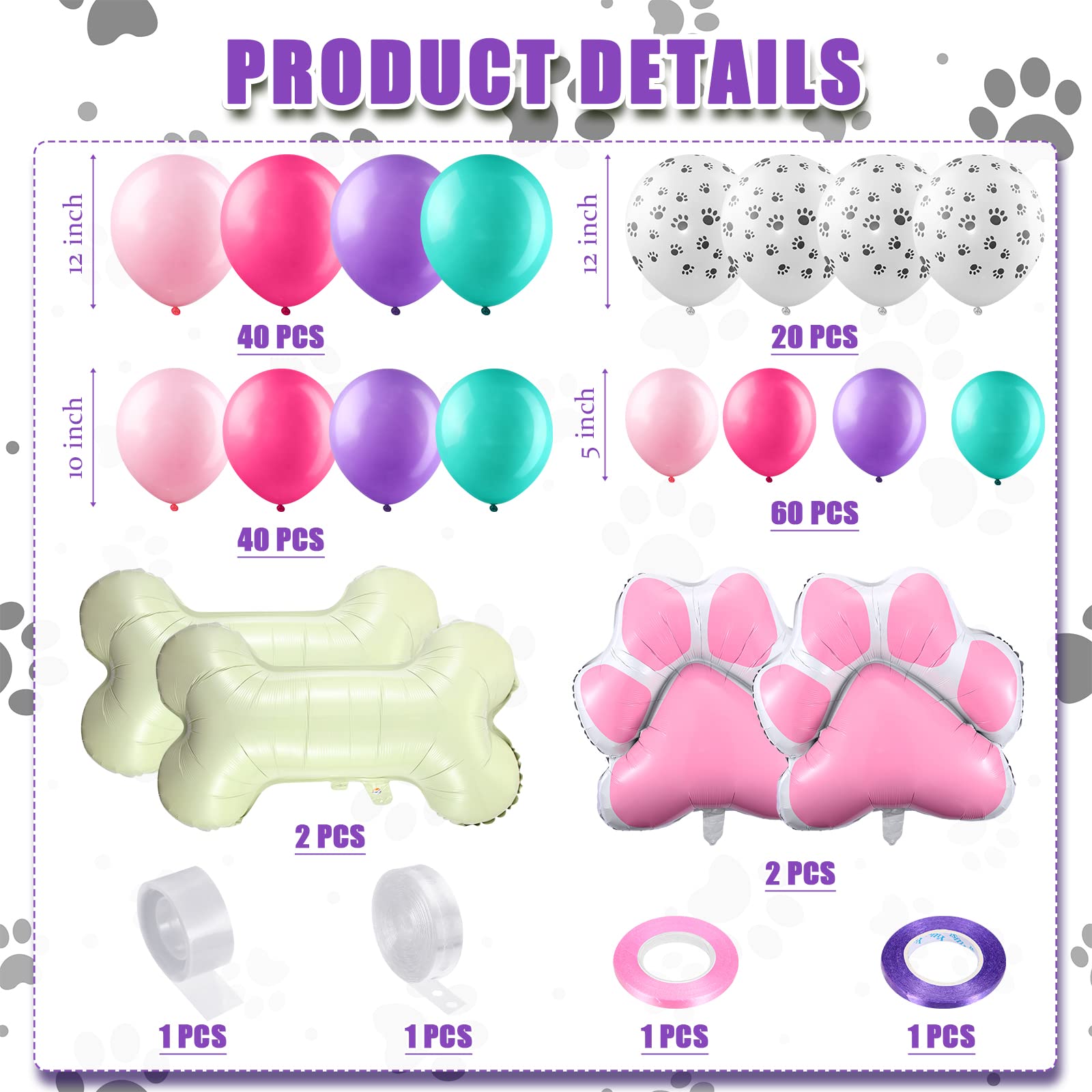 164 Pcs Paw Printed Balloon Garland Kit, Dog Paw Balloons Colorful Latex Balloons with Dog Paw Bone Shaped Aluminum Foil Balloons for Boy Girl Birthday Party Decorations (Fresh Colors)