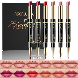 6pcs lip liner and lipstick makeup set, purple red/claret/vermilion/pastel orange/rose/ruby red lipstick pen and with lip liner pencil set lipstick gift set for daily/travel/party/work