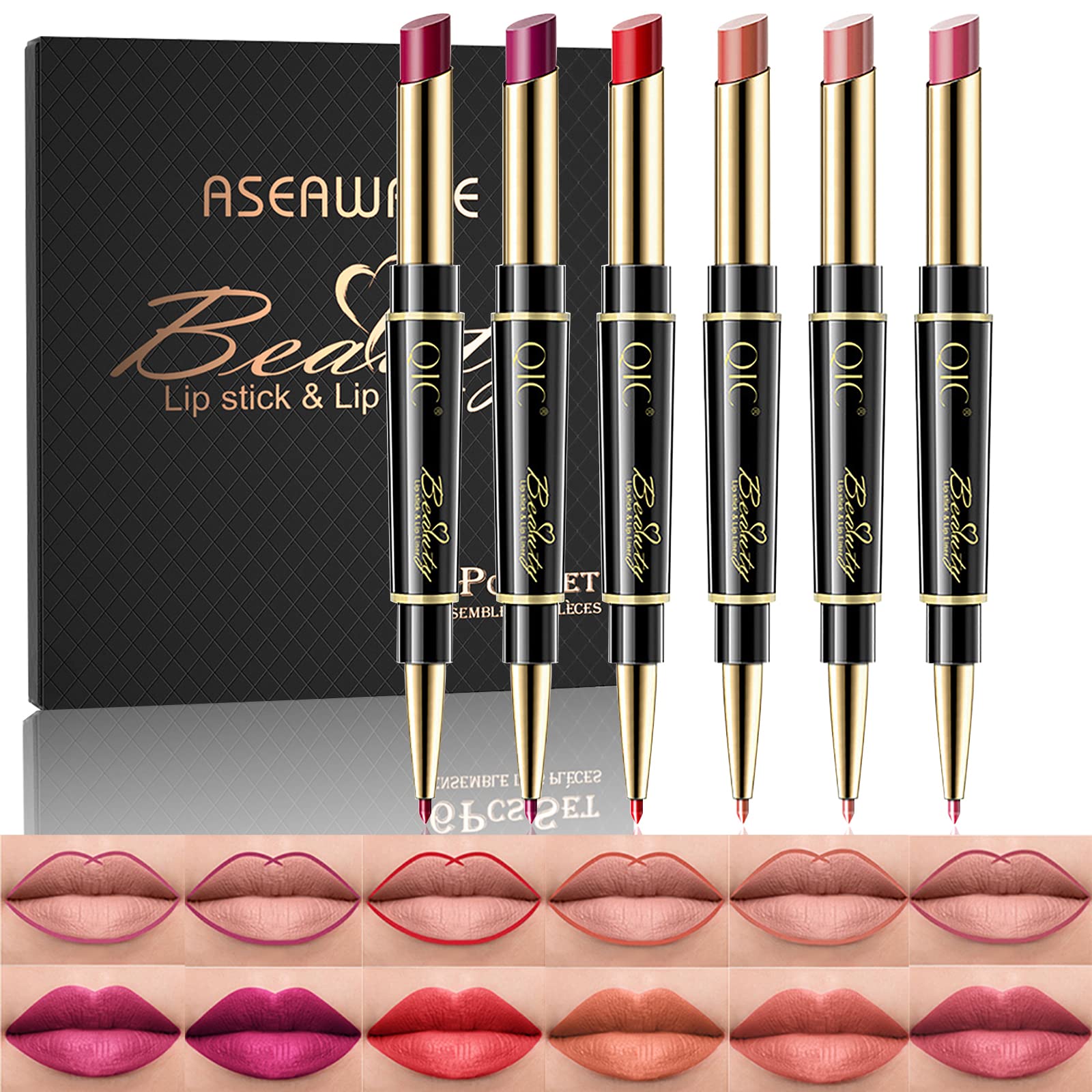 6Pcs Lip Liner and Lipstick Makeup Set, Purple Red/Claret/Vermilion/Pastel Orange/Rose/Ruby Red Lipstick Pen and with Lip Liner Pencil Set Lipstick Gift Set for Daily/Travel/Party/Work