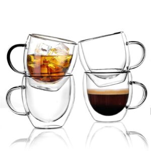 kitchentour double wall insulated cups 6oz with handle set of 4 - small glass mugs set for espresso machine and coffee maker - demitasse cups gift for coffee,latte,cappuccino