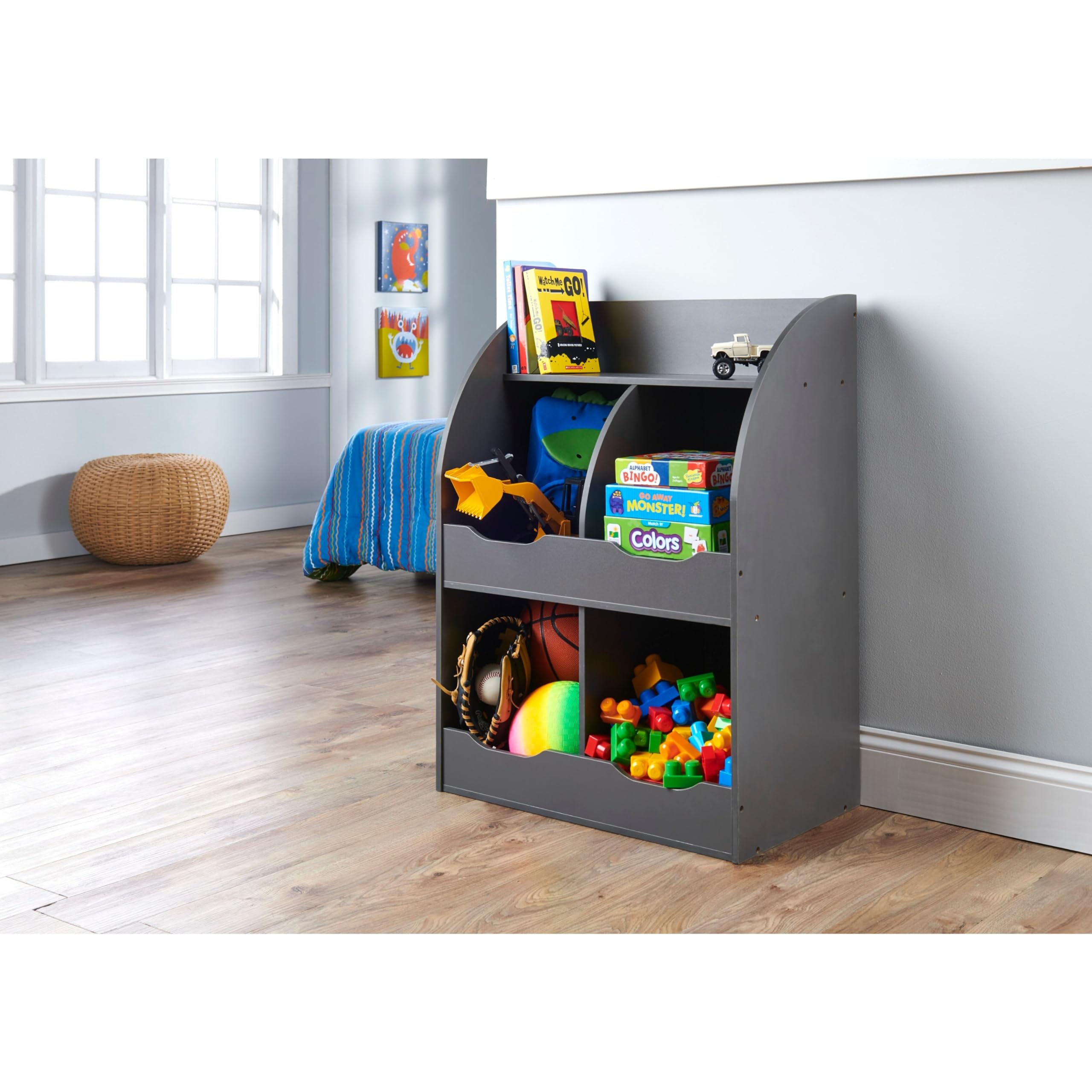 Badger Basket Four Bin Kids Bookshelf and Toy Storage Organizer - White