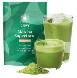 clevr matcha green tea powder, oat milk instant latte mix with organic matcha, adaptogens, mushrooms, probiotics, lion's mane, reishi and ashwagandha