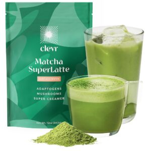 Clevr Matcha Green Tea Powder, Oat Milk Instant Latte Mix with Organic Matcha, Adaptogens, Mushrooms, Probiotics, Lion's Mane, Reishi and Ashwagandha