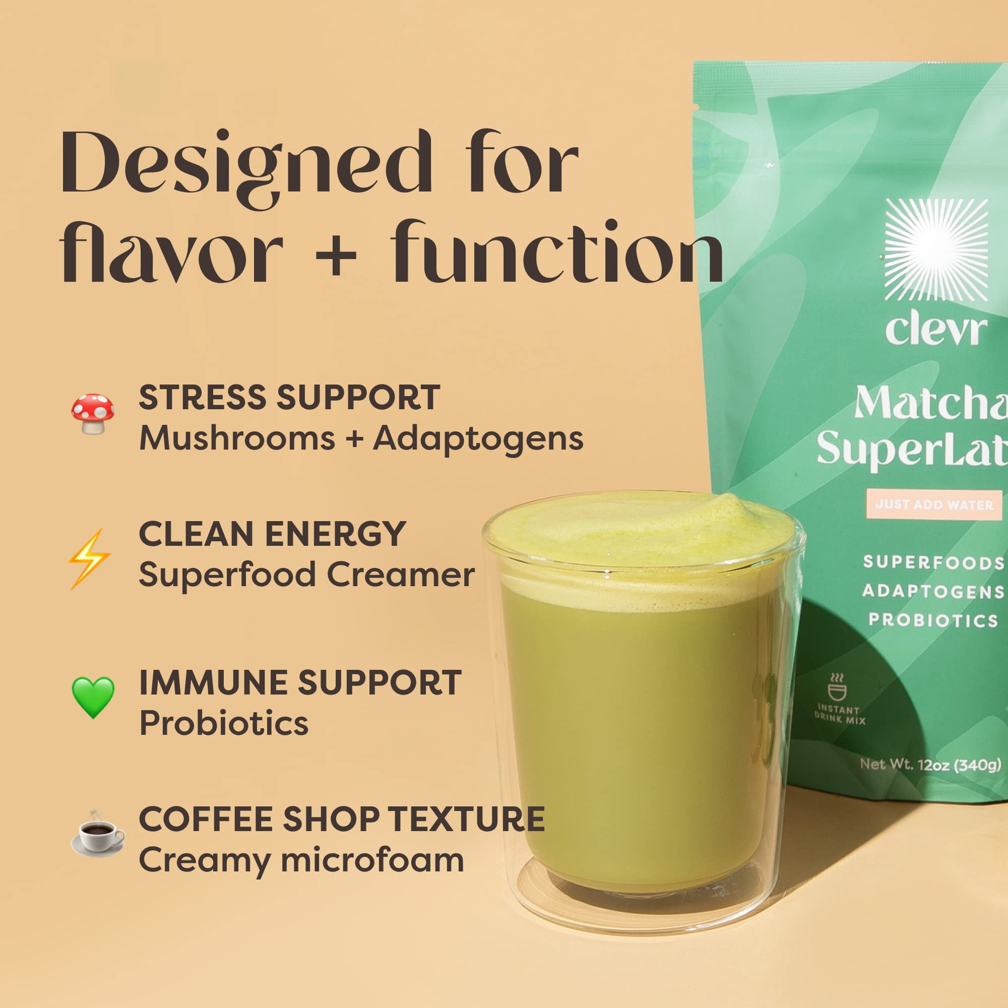 Clevr Matcha Green Tea Powder, Oat Milk Instant Latte Mix with Organic Matcha, Adaptogens, Mushrooms, Probiotics, Lion's Mane, Reishi and Ashwagandha