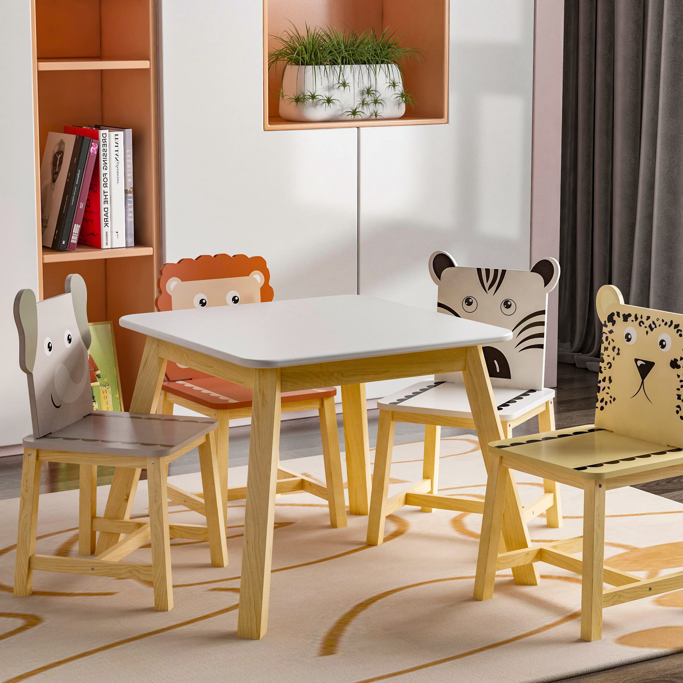 Swellsuite Wood Kids Dining Table and 4 Chairs Set is The Perfect Size for Children to Eat, Read Books, Color, Do Arts and Crafts, and Play Board Games, White/Espresso/White-A.