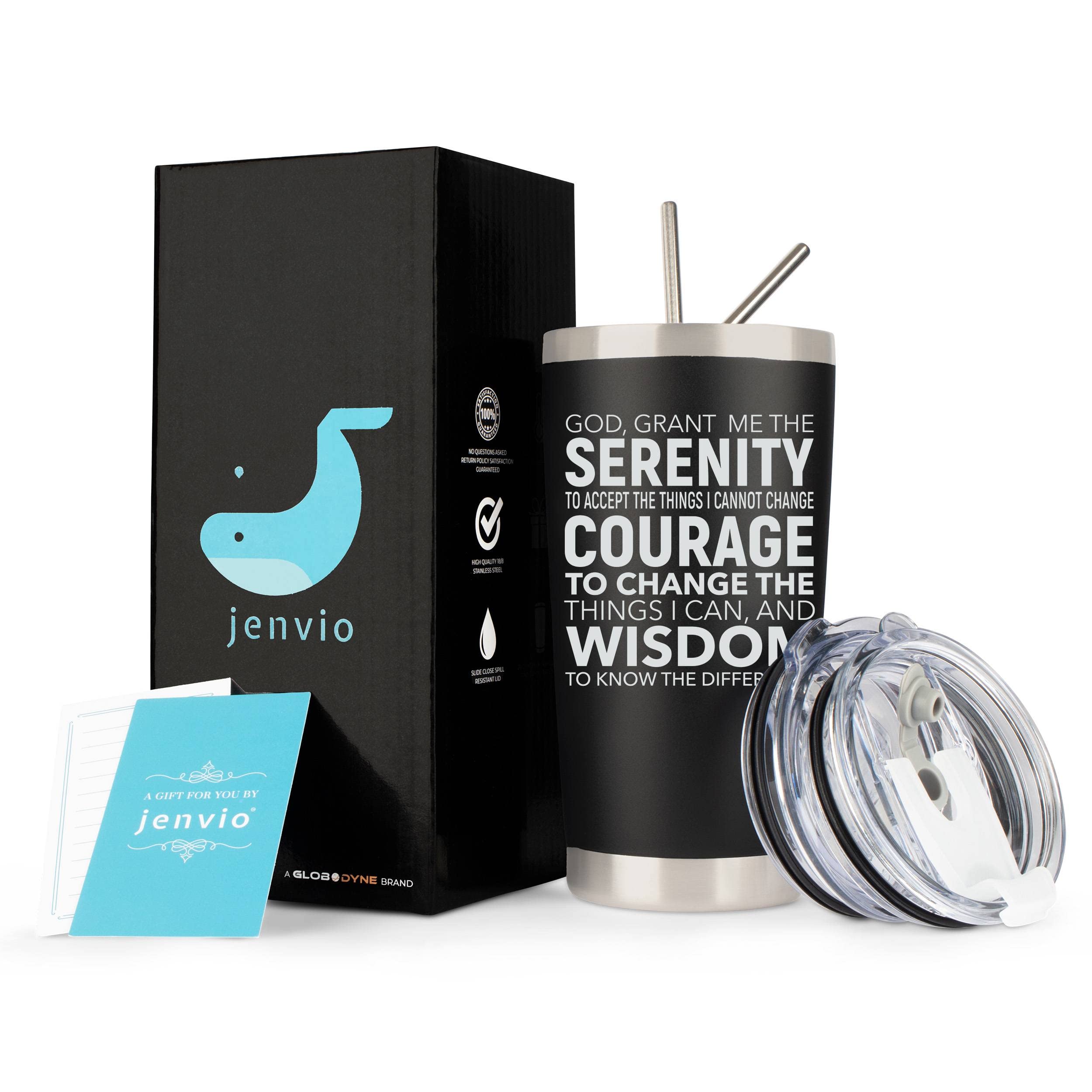 JENVIO Serenity Prayer Gifts | Stainless Steel Travel Tumbler Mug w/Lid and 2 Straws | Courage Wisdom Unique Coffee Sober AA Sobriety Gifts for Recovery Alcoholics Anonymous Valentine's Day