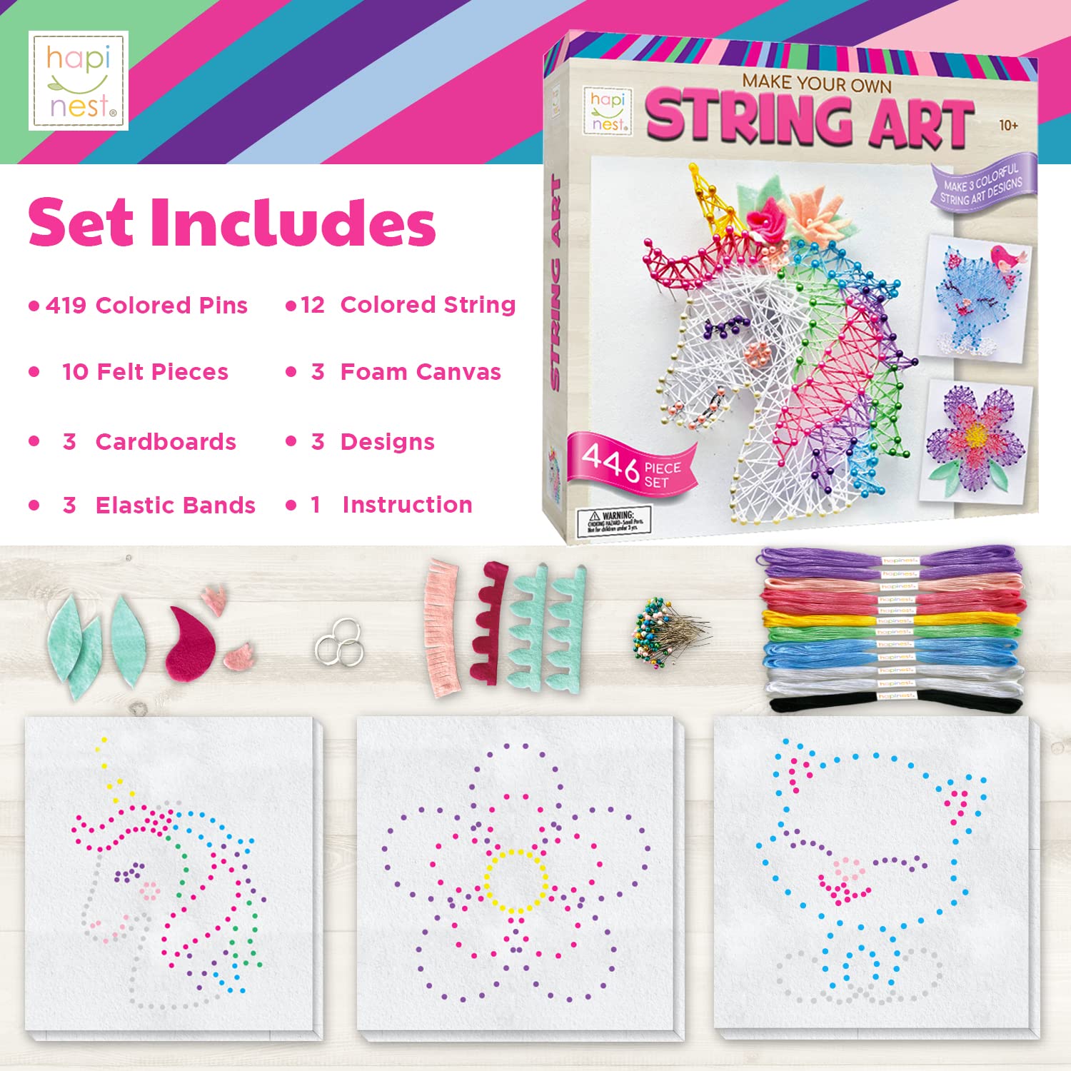 Hapinest String Art Craft Kit Gifts for Tween Girls Ages 10 11 12 Years Old and Up | Makes 3 Designs - Unicorn, Cat, and Flower