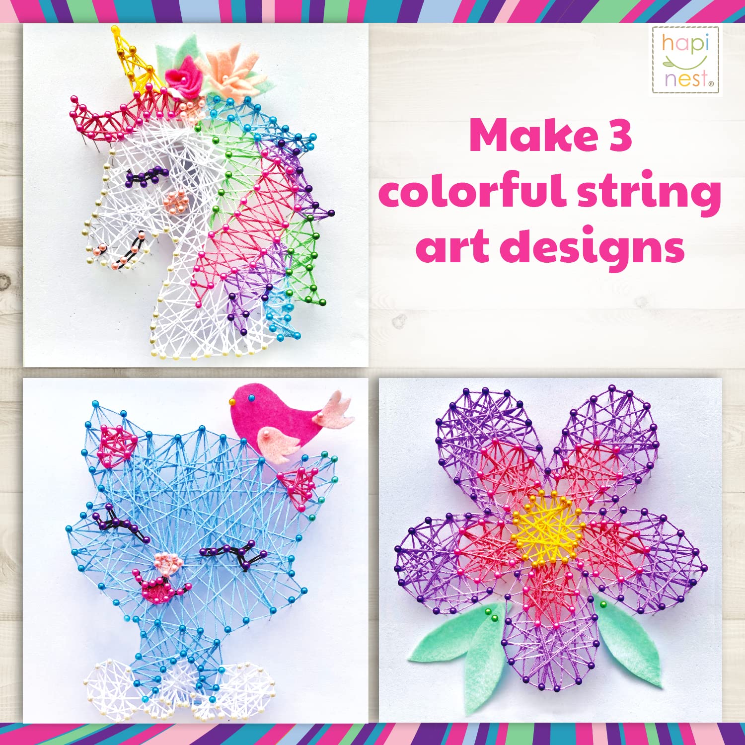 Hapinest String Art Craft Kit Gifts for Tween Girls Ages 10 11 12 Years Old and Up | Makes 3 Designs - Unicorn, Cat, and Flower