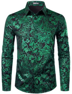 zeroyaa men's luxury prom design slim fit long sleeve button up party dress shirts zzcl48 emerald large