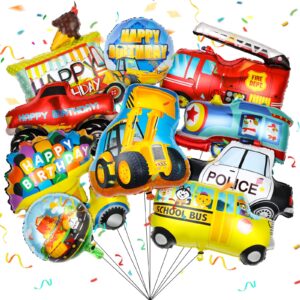 10 pieces transportation birthday party decoration for boys car balloons ice cream cart school bus fire truck train police bulldozer pickup truck truck oval balloons foil balloons
