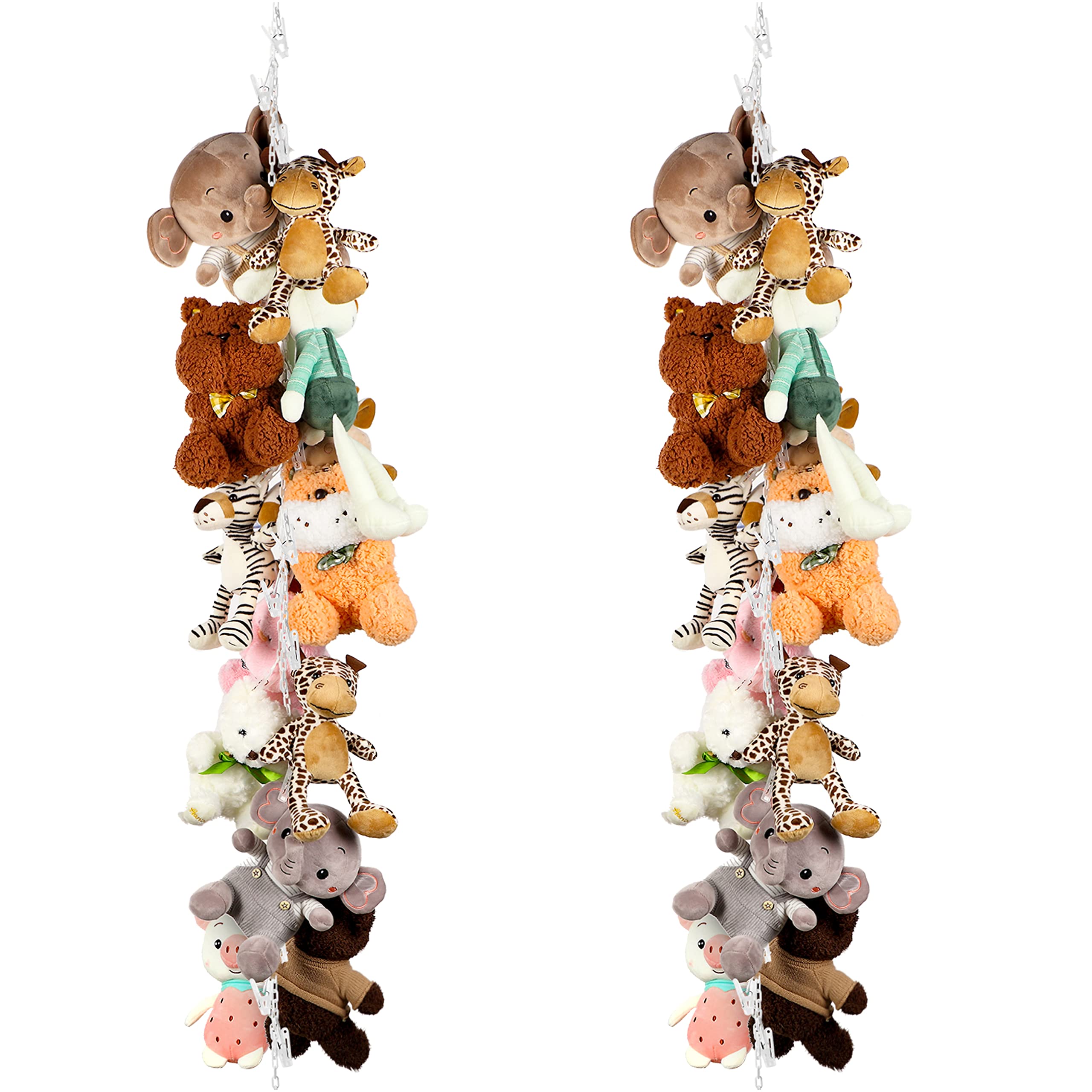 Yalikop 2 Pieces Stuffed Animals Storage Chain Toy Chain Organizer with 40 Pieces Plastic Clips, 2 Pieces Ceiling Hook and Door Hook for Hanging Plush Toys Hats Socks Holiday Cards